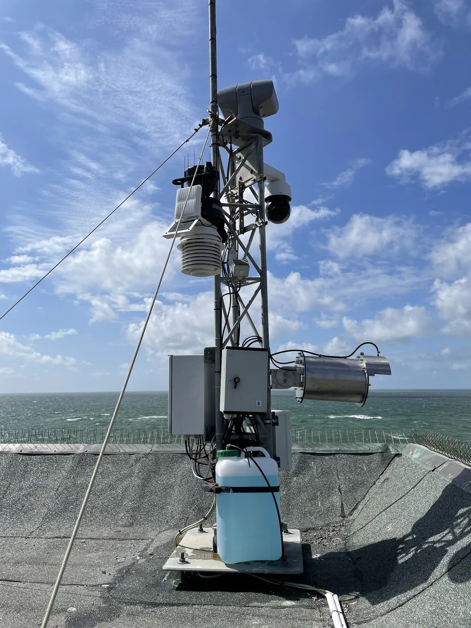 SURFCAM SYLT Wetterstation und Webcam auf dem Dach am Standort Westerland mit Nordsee im Hintergrund.